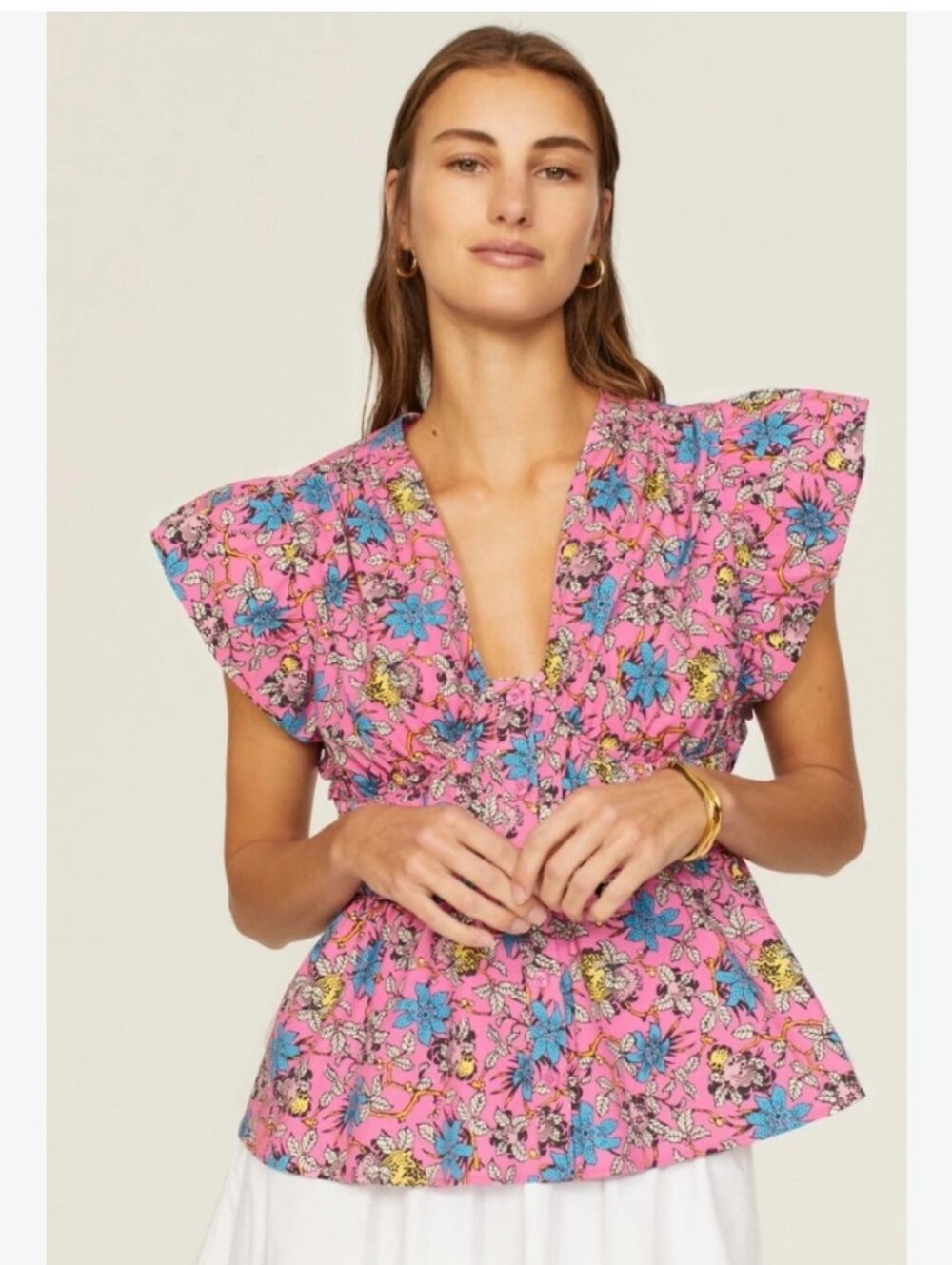 Pink Floral V-Neck Short Sleeve Peplum Top